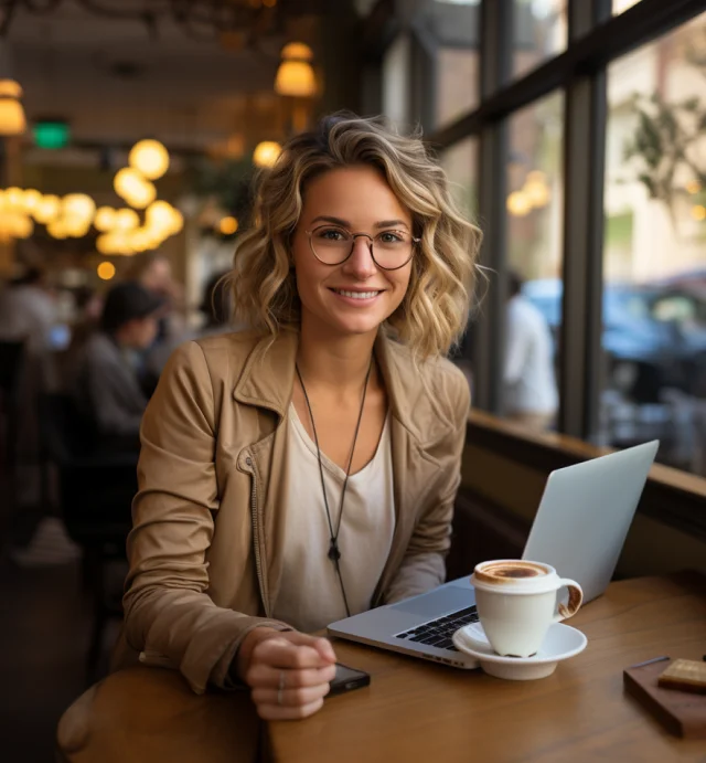 Mulher branca sentada digitando em um notebook e sorrindo Mulher branca sentada digitando em um notebook e sorrindo